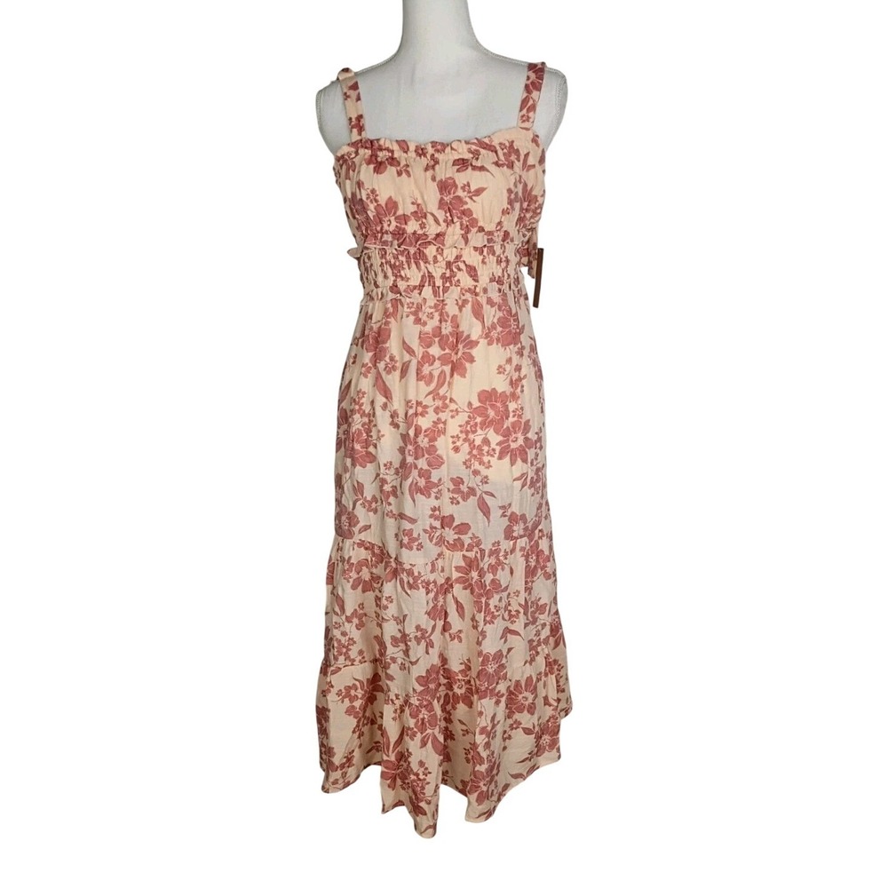 Just Found Smocked Mini Floral Dress Womens Size M Ruffle Boho Beige/Pink New